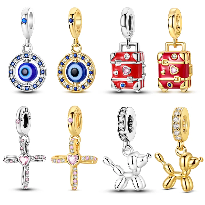 

925 Sterling Silver Charms Beads Golden Cross Poodle Luggage Case Pendants Fit Women Original Bracelet DIY Christmas Gift