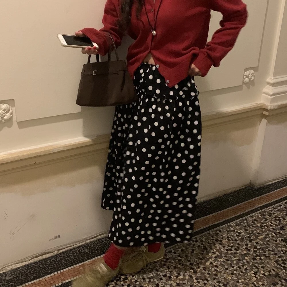 チ � ngqing Dongda Gate ヴィンテージ カジュアル 水玉模様 ウエストゴム ミドル丈 スカート 韓国風 スプリング 秋 冬