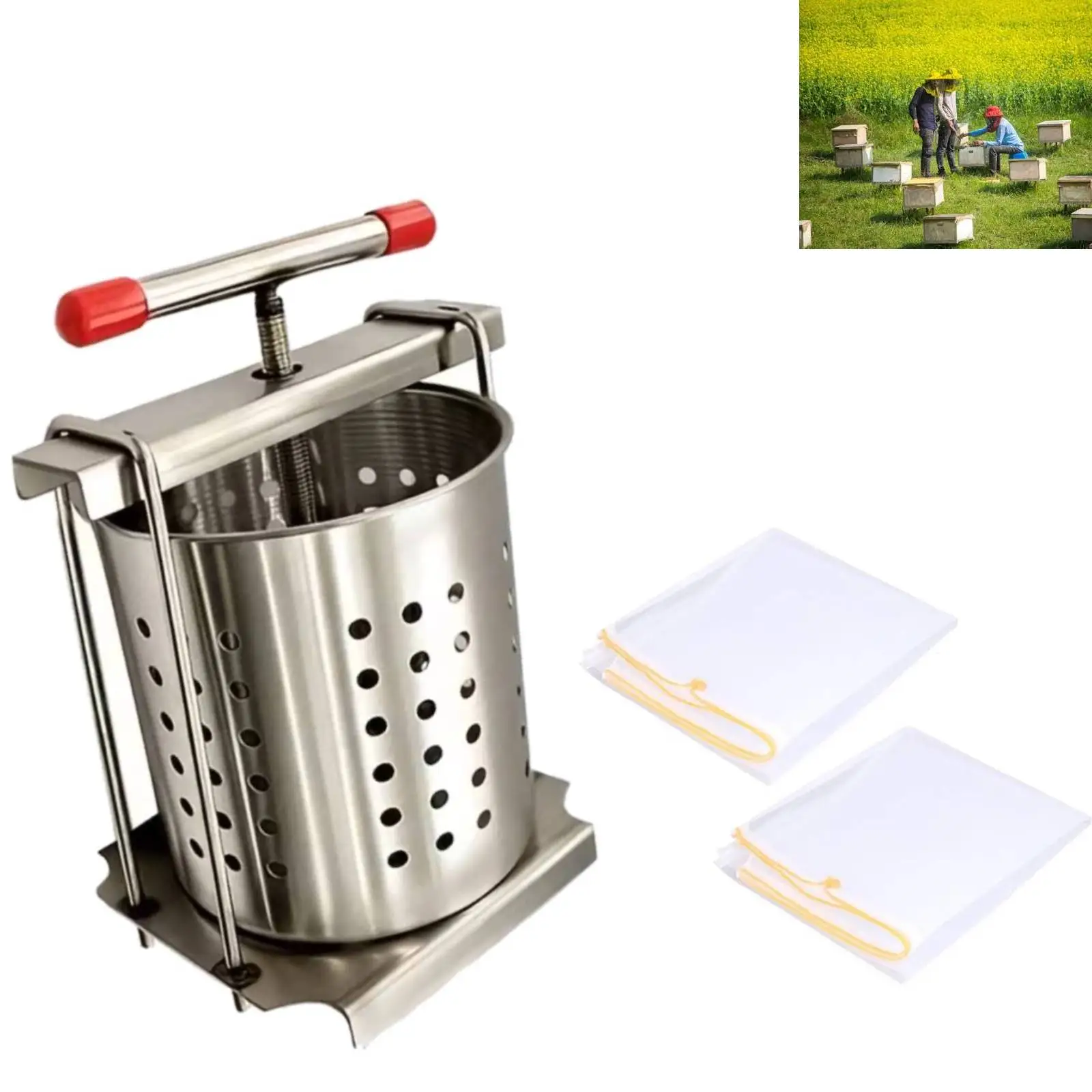 3-in-1 Stainless Steel Wax Presser Set Household Grape and Vegetable Presser with Cloth Filter Beekeeping Tool