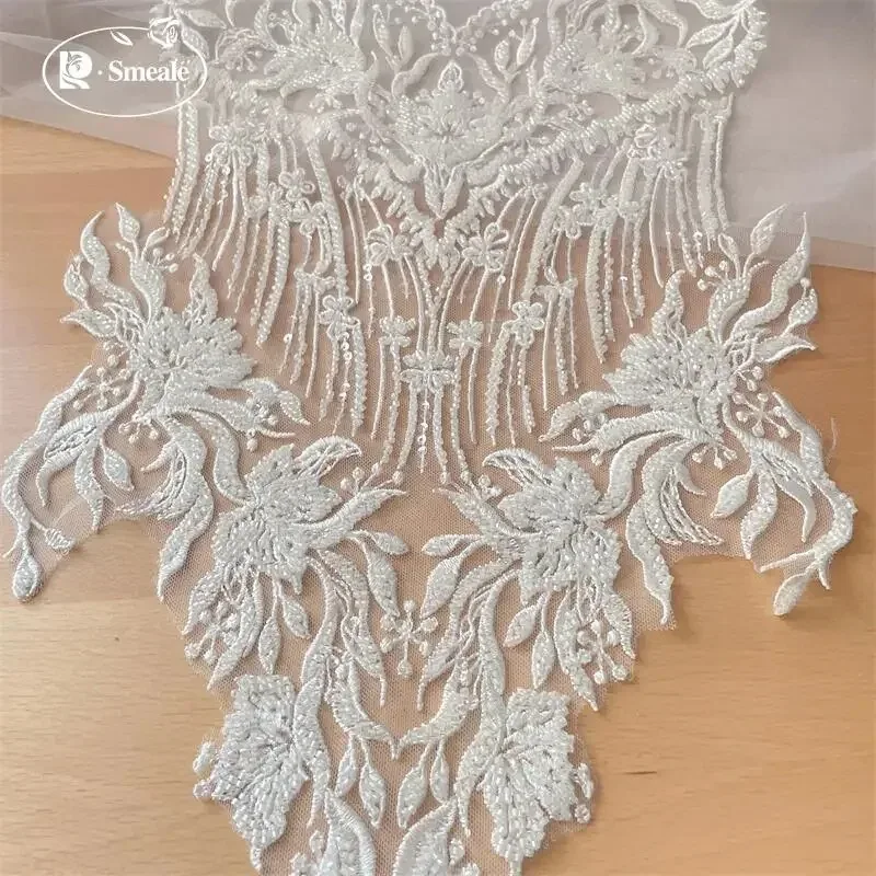 59*32CM Ivory White Beaded Sequins Lace Chest Flowers 3D Wedding Dress Applique DIY Bridal Headdress Lace Collar Fabric Patch