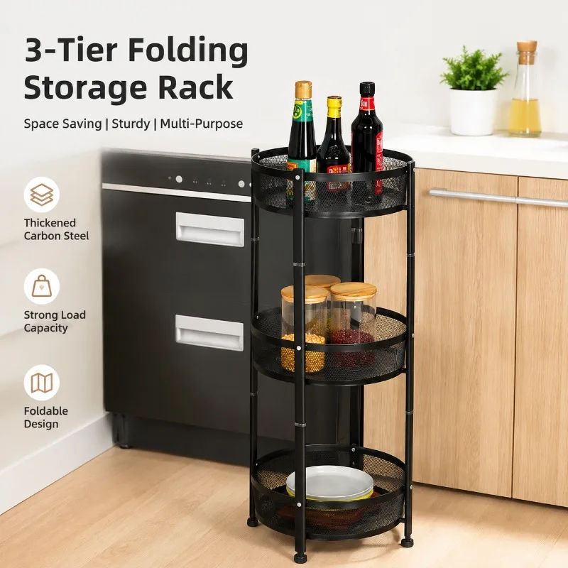 Foldable Multi-Tier Kitchen Storage Rack for Fruits, Vegetables & Snacks – Compact Movable Organizer