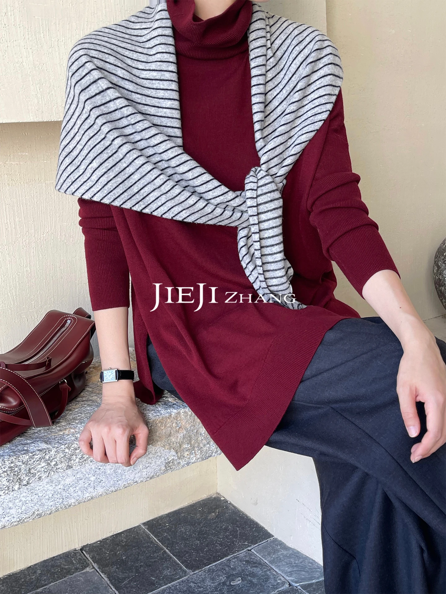 

JIEJI Zhang Qi Luxury Woolen Scarf Casual Striped Wrap Versatile Outerwear Soft Knitted Long Sve Women's Faion