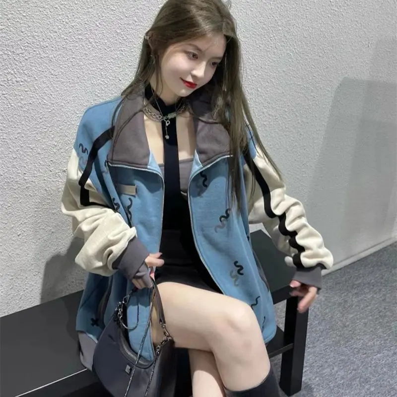 American Trendy Brand 2024 Spring Autumn Fashion Color Contrast Splicing Wave High Collar Leisure Trendy Couples Blast Street S8