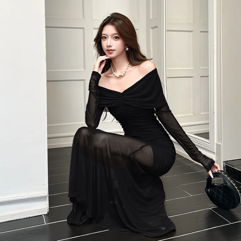 가을 블랙 레드 패치워크 메쉬 V넥 긴팔 섹시 클럽 드레스 여성 우아한 오프숄더 휴가 플리츠 랩 힙 드레스