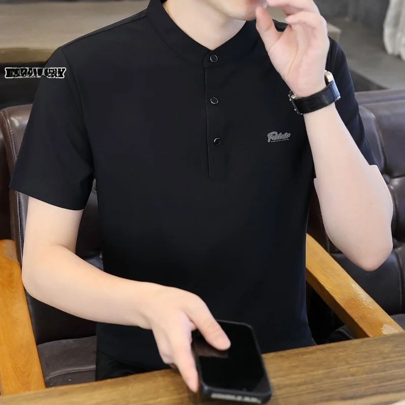 

Мужская футболка из ледяного шелка с воротником-стойкой, повседневная, летняя, модная, молодежная, свободного кроя