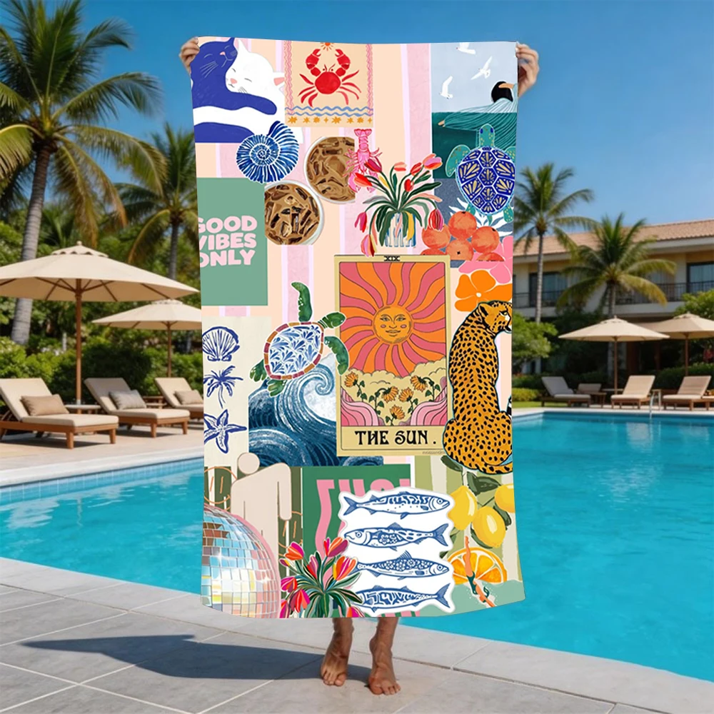 Boho Ocean Retro Collage Beach Towel Microfiber Anti Sand Pool Towel Summer Beach Swimming Outdoor Picnic Camping Travel
