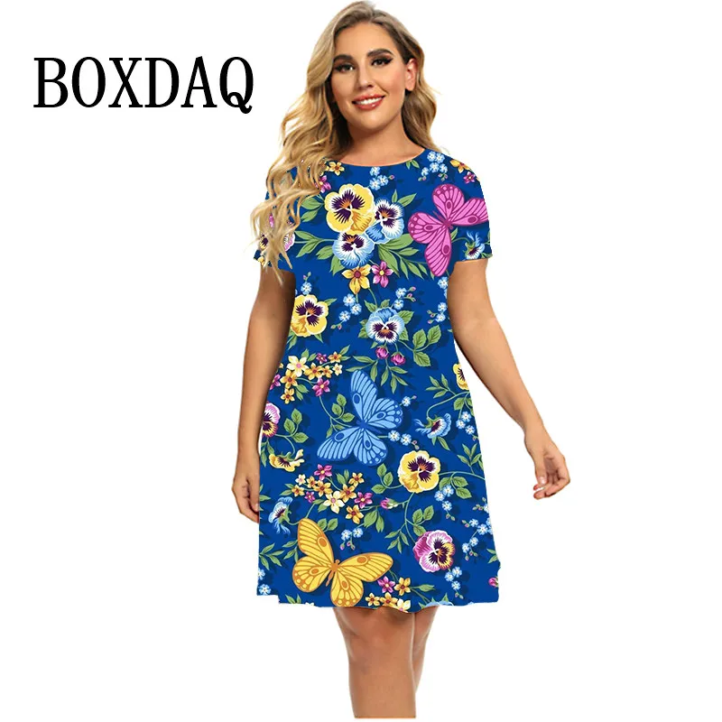 3D Butterfly Plant Flowers Print Dresses Elegant Women Short Sleeve Loose Mini Dress Summer Casual Fashion Ladies Party Clothes