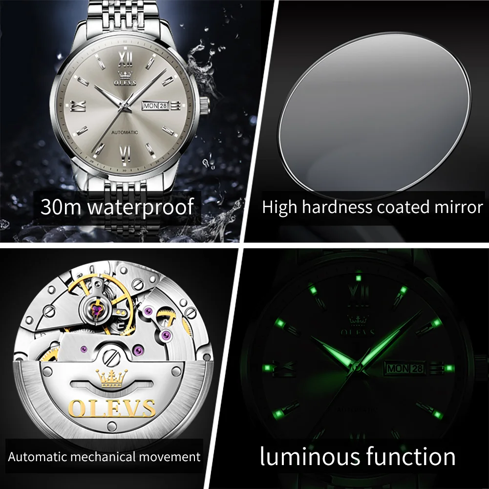 OLEVS Brand Business Men Mechanical Watch for Men Luxury Stainless Steel Waterproof Luminous Week Calendar Fashion Mens Watches