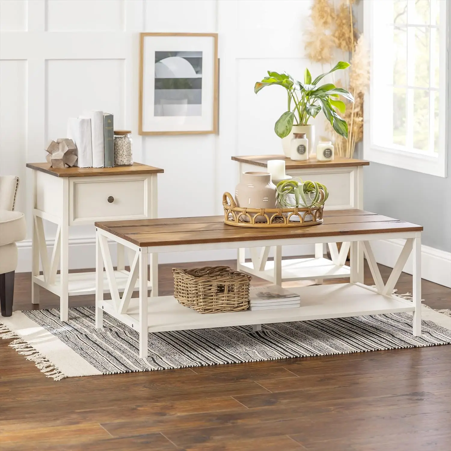 

Walker Edison Clara Modern Farmhouse Solid Wood Coffee Side Table Set, Set of 3, White Wash and Rustic Oak