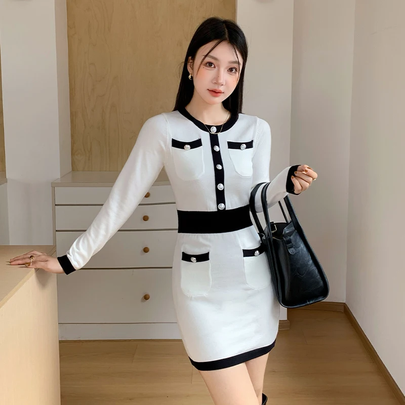 

Spring Autumn Korean Fashion Elegant Mini Dress Women's Long Sleeve O-Neck Button Slim Bodycon Dress Light Luxury Chic Clothes