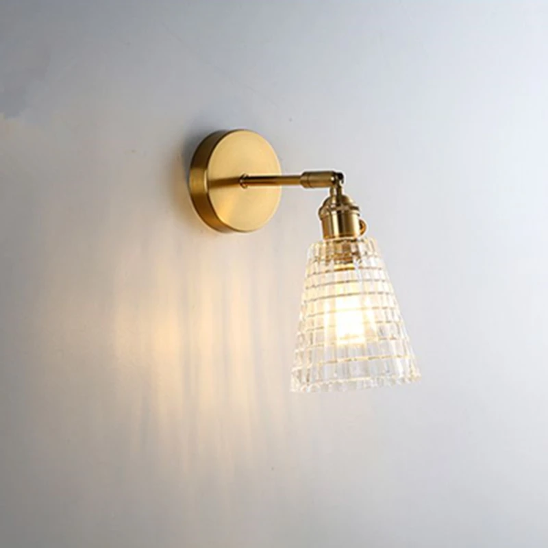 Retro Brass Wall Lamp Modern Nordic Small Glass Shade Bedside Lamp Simple Bathroom Mirror Front Light Copper With Switch Sconce