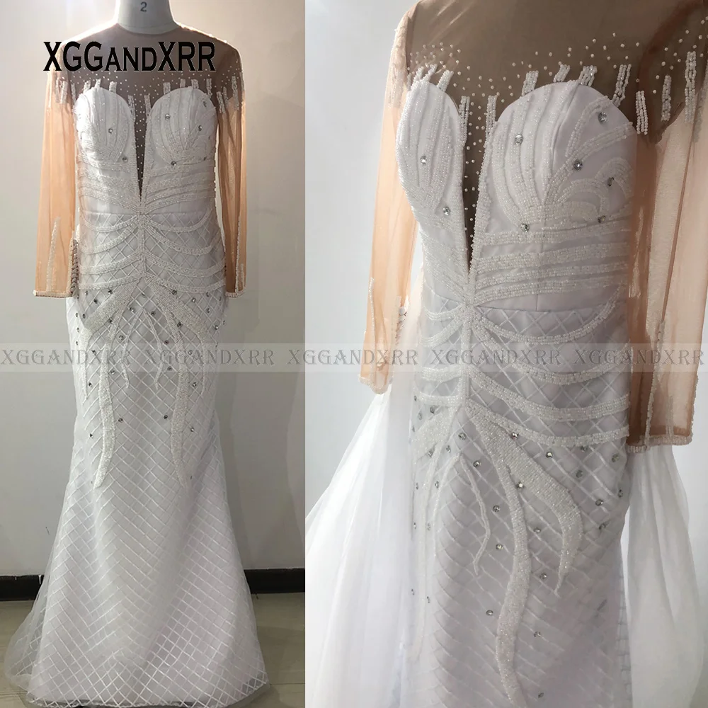 African Mermaid Wedding Dress 2022 O Neck Long Sleeves Luxury Beading Illusion Back Detachable Train Overskirt Bridal Gown Gala