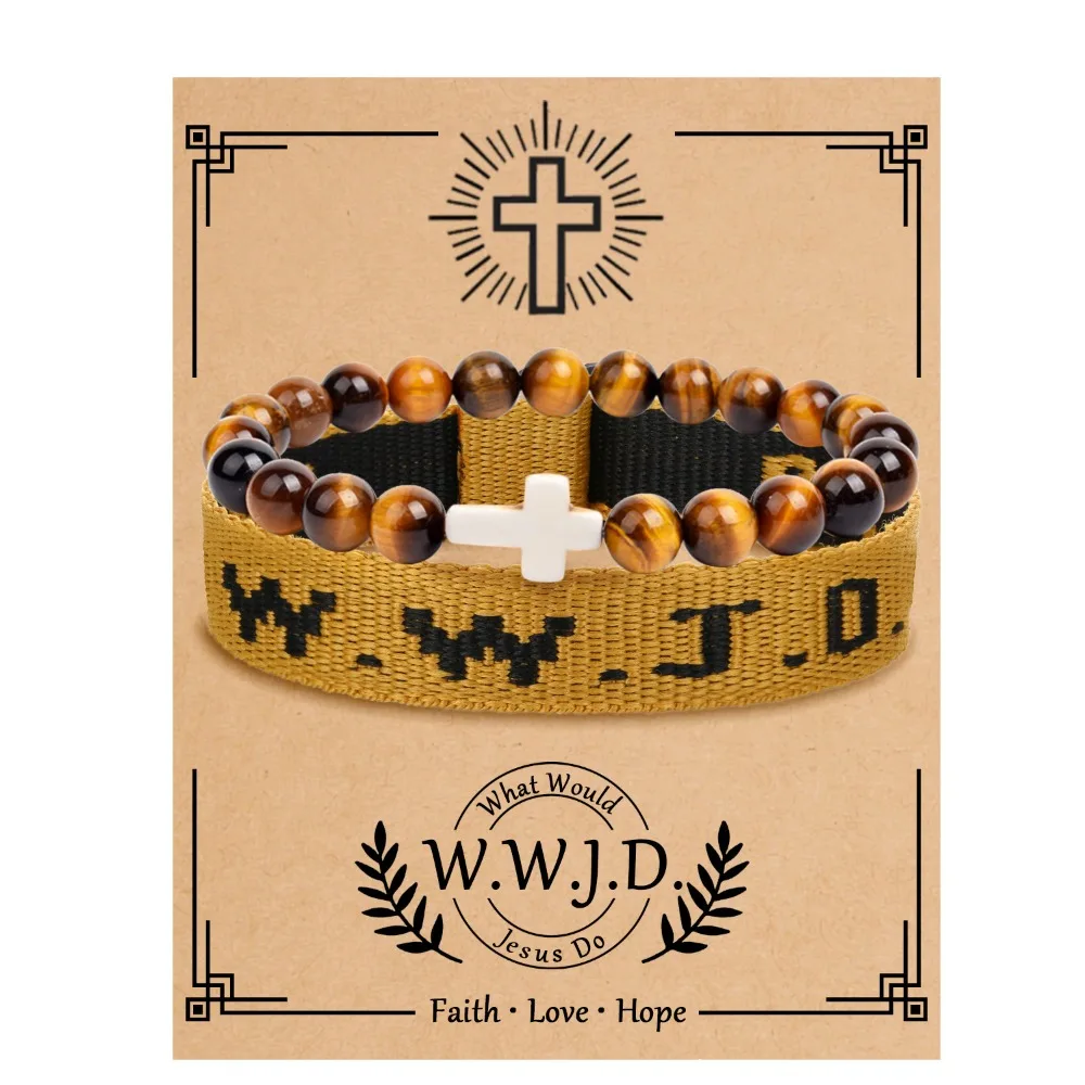 -Pulseras Wwjd inspiradoras de cuerda trenzada, juego de pulseras de cuerda trenzada, con Cruz, 2 piezas