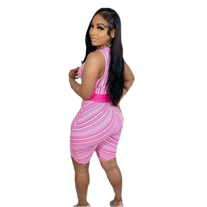 Women Two 2 Piece Set Outfit Striped Print Sleeveless Tank Top +Shorts Street Matching Set Tracksuit 2024 Summer Sporty