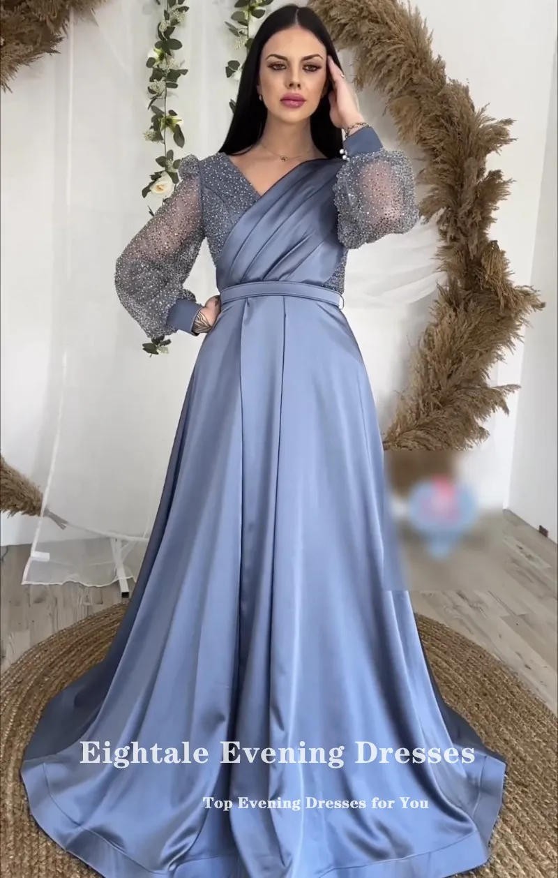 Eightale Elegant Prom Dresses V-Neck Glitter Long Sleeve A-Line Satin Customized Blue Evening Party Gowns vestidos de graduación