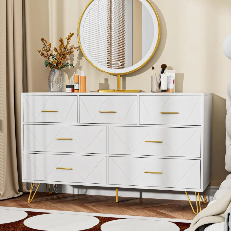 Dresser for Bedroom with 7 Drawer, Modern White with Gold Dresser, Wooden Storage Dressers & Chests of Drawers for Hallway