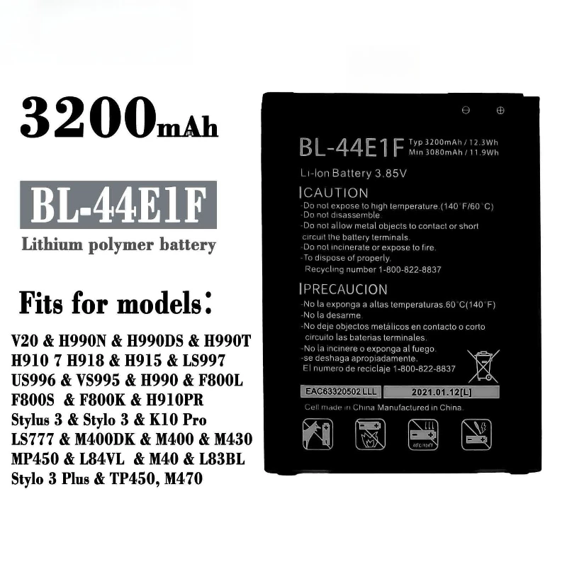 Brand New 3200mAh BL-44E1F Phone Battery for LG V20 H910 Stylo 3 LS777 Stylus 3 LG-M400Y Replacement Batteries Black with tools