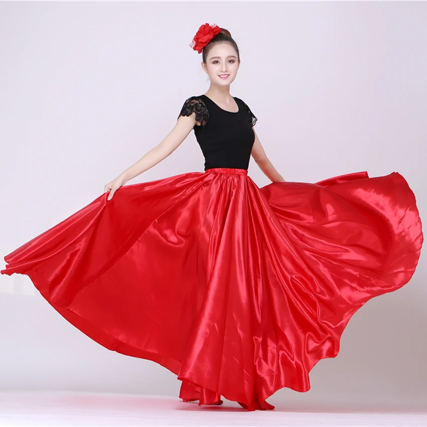 Ropa de danza del vientre 360D Maxi faldas para adultos mujeres niños niñas falda de Flamenco español Sexy vestido Oriental de satén liso