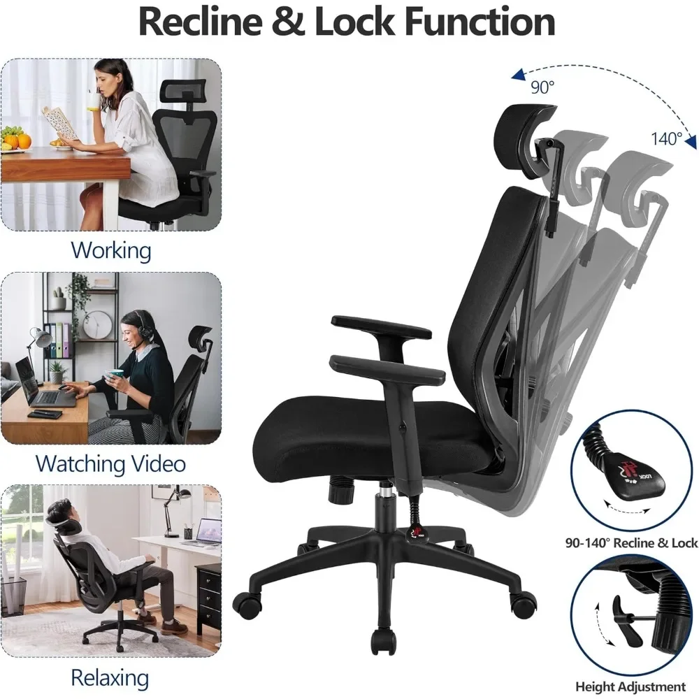 Ergonomic Office Desk Chair High Back Mesh Computer Study Chair with Lumbar Support Adjustable Armrest, Backrest and Headrest