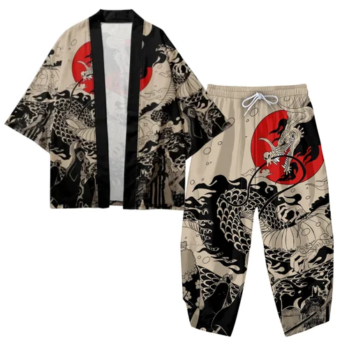 Cárdigan Haori con estampado de dragón y sol de estilo japonés tradicional asiático, conjunto de pantalones largos con cordón, traje de Cosplay samurái Unisex