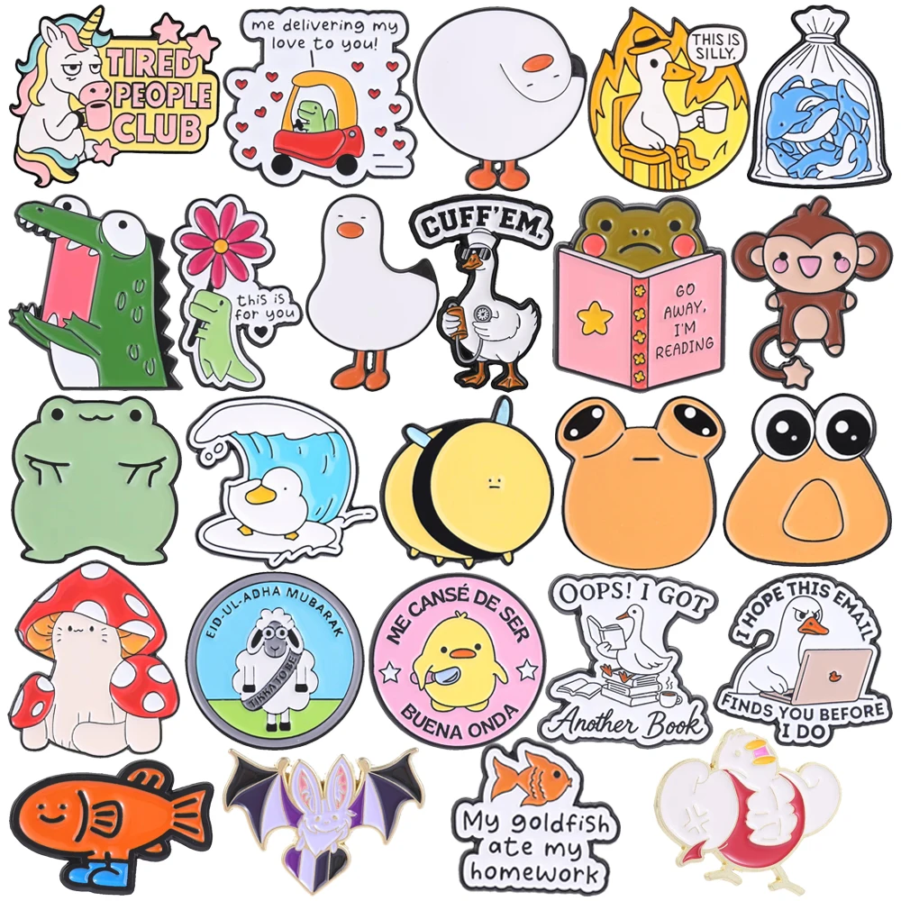 Cartoon Animal Enamel Brooch Lapel Pin Unicorn Frog Computer Goose Whale Crocodile Book Monkey Bat Metal Badge Punk Jewelry Gift