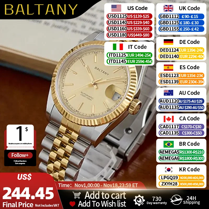 Baltany 36mm Dress Gold Watch Men S4084Waterproof StainlessSteel Bracelet Mechanical Watch ST2130 Automatic Luxury Watch for Men
