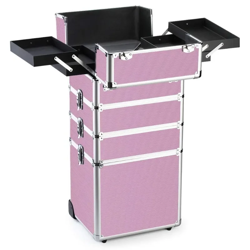 Makeup Train Case 4 in 1 Professional Cosmetics Rolling Organizer Aluminum Frame and Folding Trays Pink