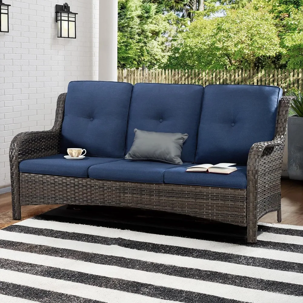 Outdoor Patio Couch Wicker Sofa - 3 Seater for Outside Patio Garden with Deep Seating and Olefin Cushions, Garden Sofas