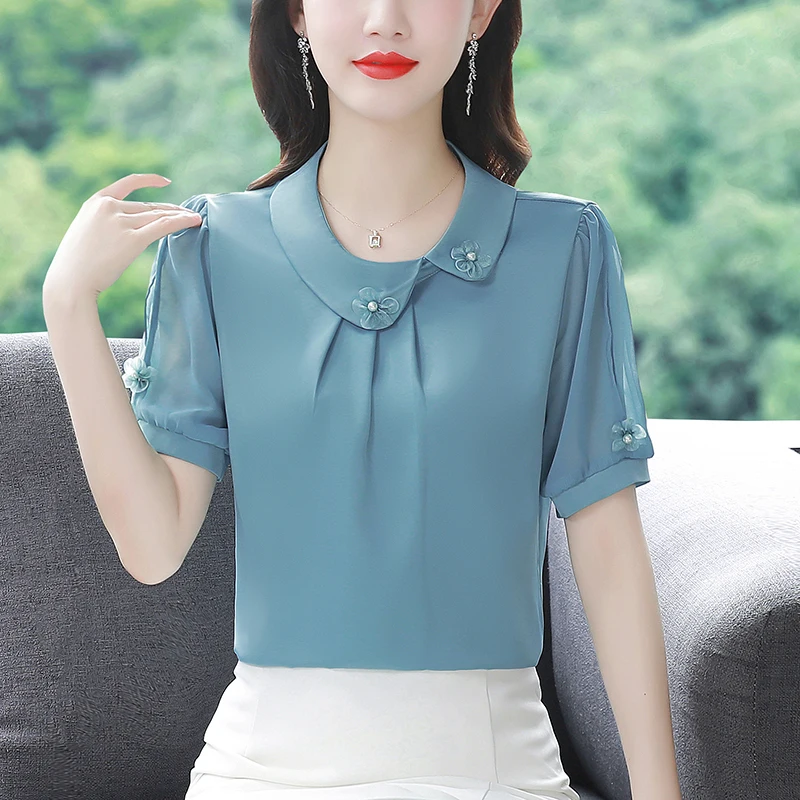 

2025 Summer Women Blouse Short Sleeve Silk Satin Shirt Elegant Fashion Doll Collar Office Lady Tops