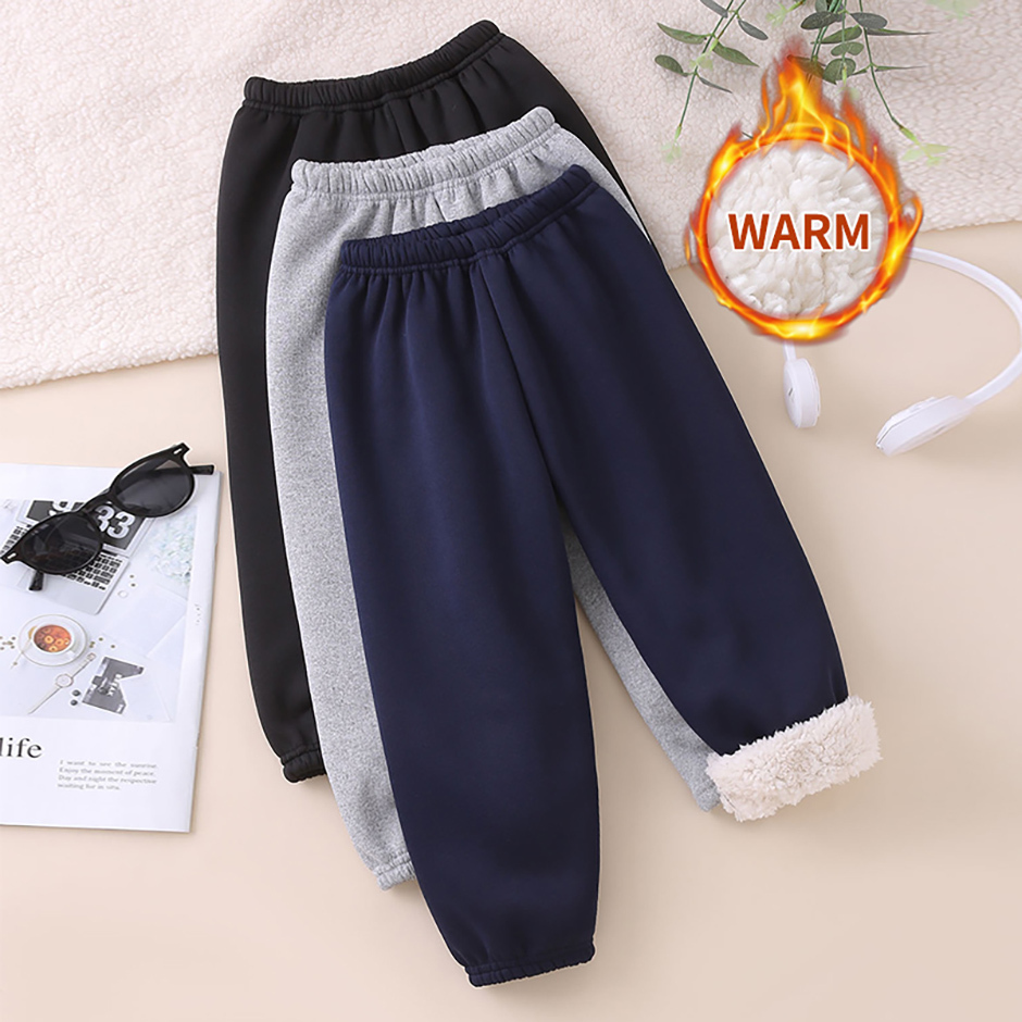  Autumn And Winter Children's Plush Warm Sports Casual Pants For Boys And Girls Solid Color Fashion Thick Windproof Harun Pants 