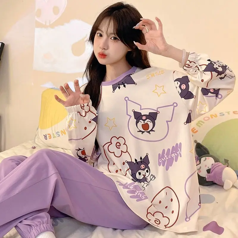 

Sanrio Kuromi Women's Sleeping Pajamas Sets Kawaii Cartoon Spring and Autumn Long Sleeve Pants Cotton Sleepwear Home Clothes New