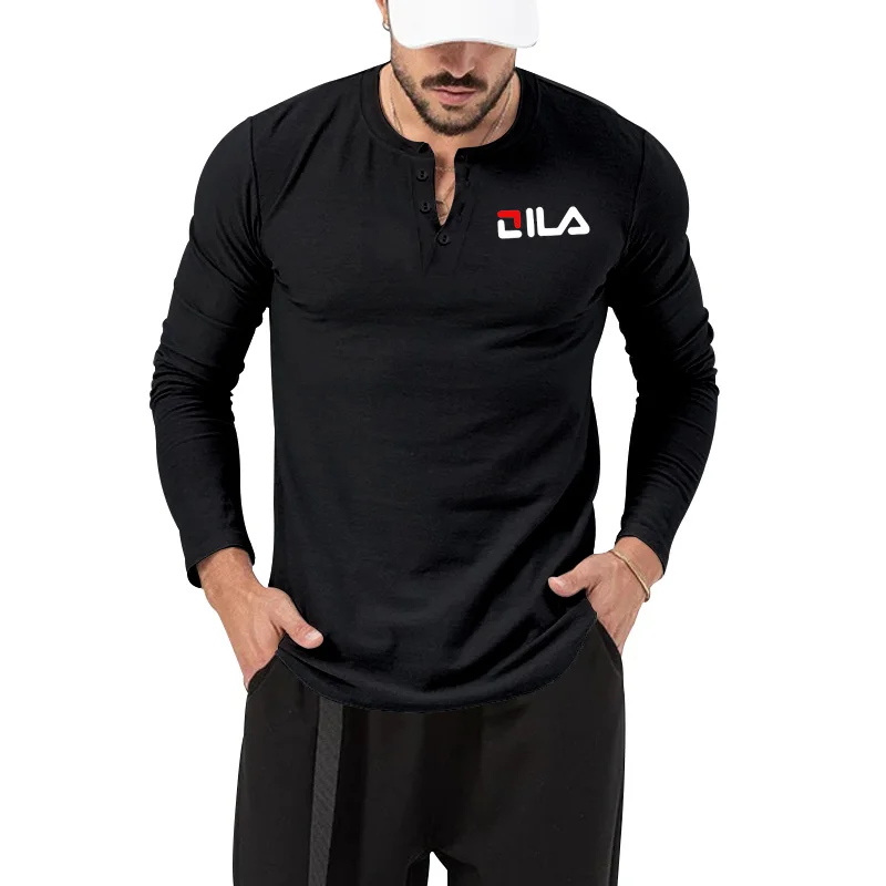 

Men's Fashion Basic Henley Neck Style Casual Solid Color Long Sleeved T-Shirt