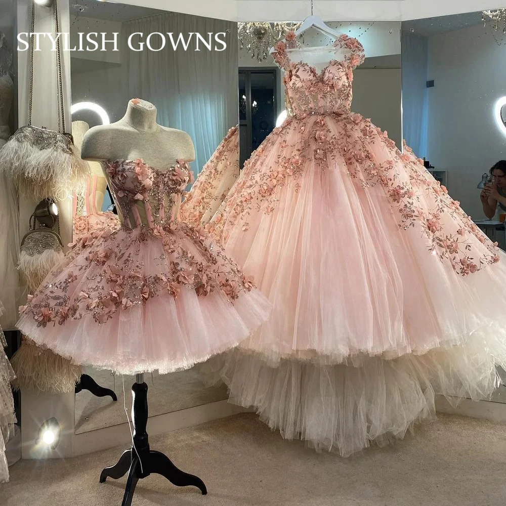 

Princess Ball Gown Short Prom Dress Sweet 15 Party Pageant Lace Crystal Beads Tulle Scoop Corset Birthday Gown Customized