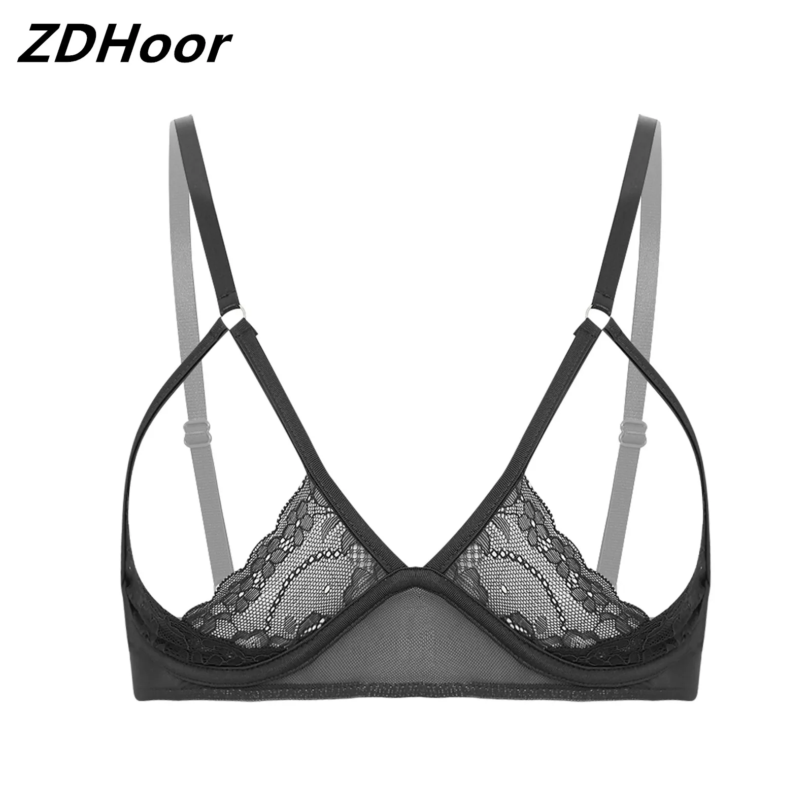 Womens Sexy Cupless Cage Bra Spaghetti Straps See Through Lace Sheer Mesh Bralette Wirefree Unlined Bra Top