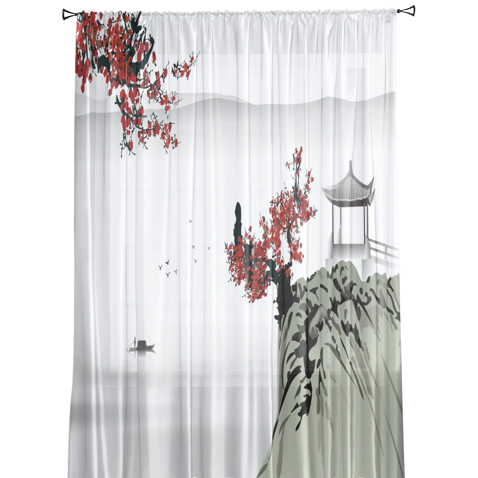 Chinese Style Landscape Painting Sheer Curtains for Living Room Decoration Window Curtains Kitchen Tulle Voile Organza Curtains