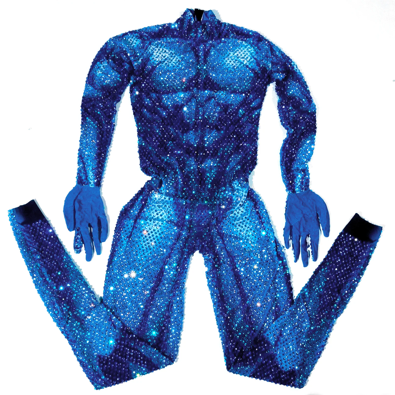 

Sexy Men Blue Full Rhinestones Jumpsuit Muscle Bodysuit Party Rave Outfit Halloween Party Cosplay Dancer Singer Evening Costume
