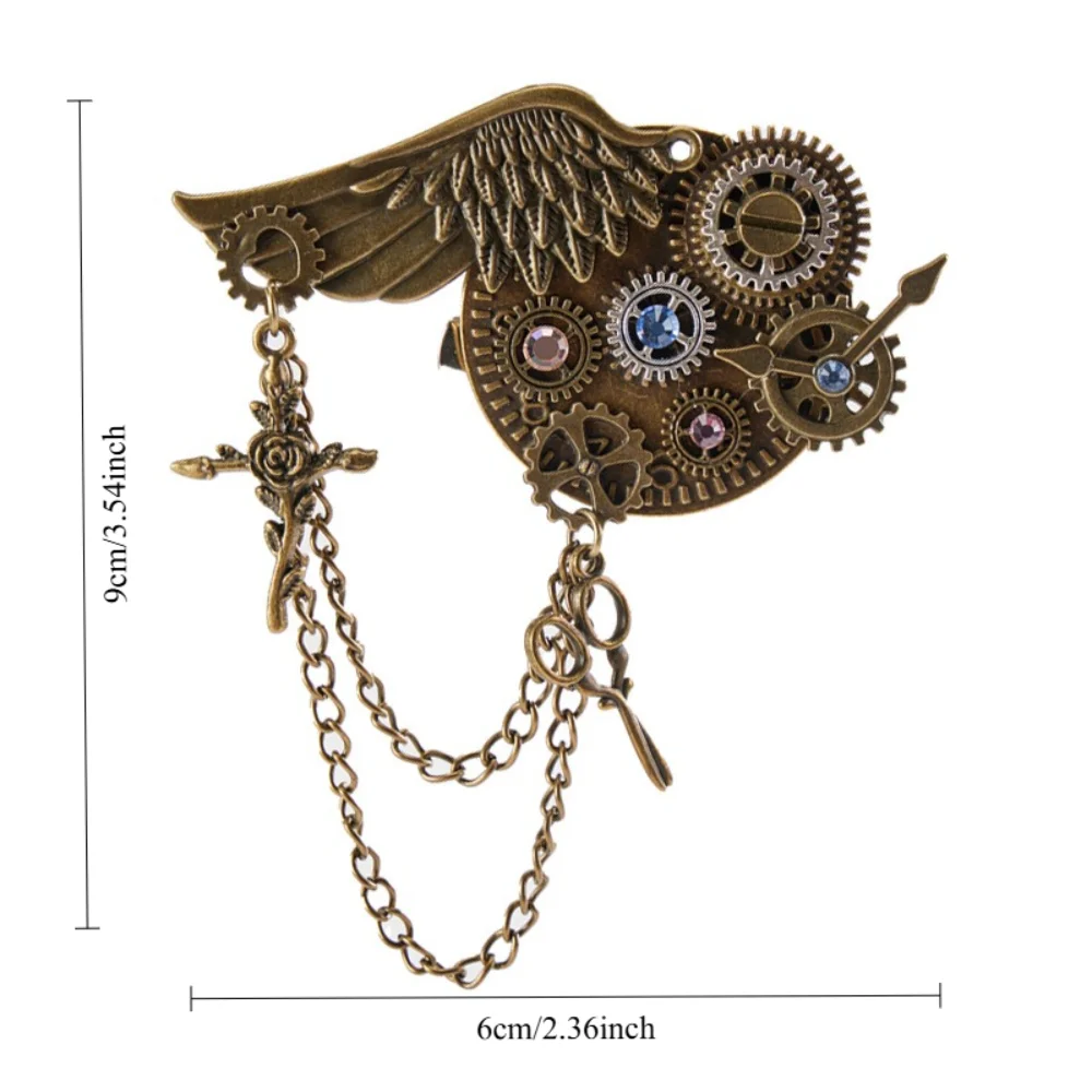 Steampunk Retro Wing Gear Gemstone Brooch Chain Rose Decoration Mechanical Wind Pin Shirt Suit Punk Style Accessories