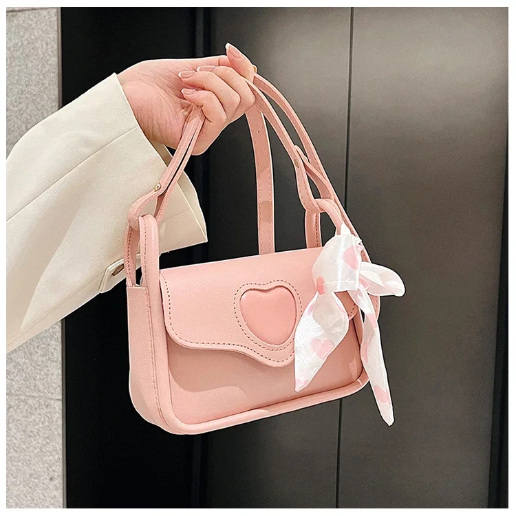 Cute Love Heart Women\'s Small Square Shoulder Bags Fashion Female Messenger Bag Simple Ladies Crossbody Purse Handbag with Scarf