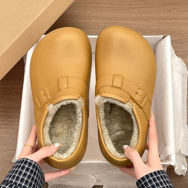 Unisex Winter Warm Slippers Thick Plush Lined Mules Textured Synthetic Upper Casual Slip On House Shoes Couples Clogs