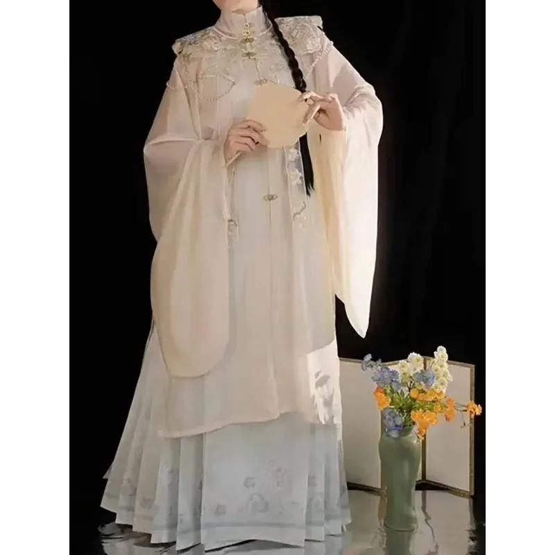 

Plus Size Hanfu For Women Ancient Chinese Ming Dynasty Embroidered Pink Long Coat Beige Horse Face Skirt Suits