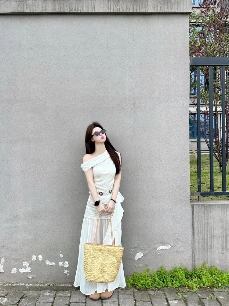 

Cool Korean Sle Women's Spring Outfit oulder Bared Side Collar f Skirt Set ort Sve High Waist Casual Faion