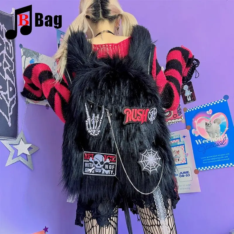 lovely fluffy Melard color scheme Backpack Women Gothic Punk black Spicy Girl Retro Vintage Bag Large Capacity Commuting bag