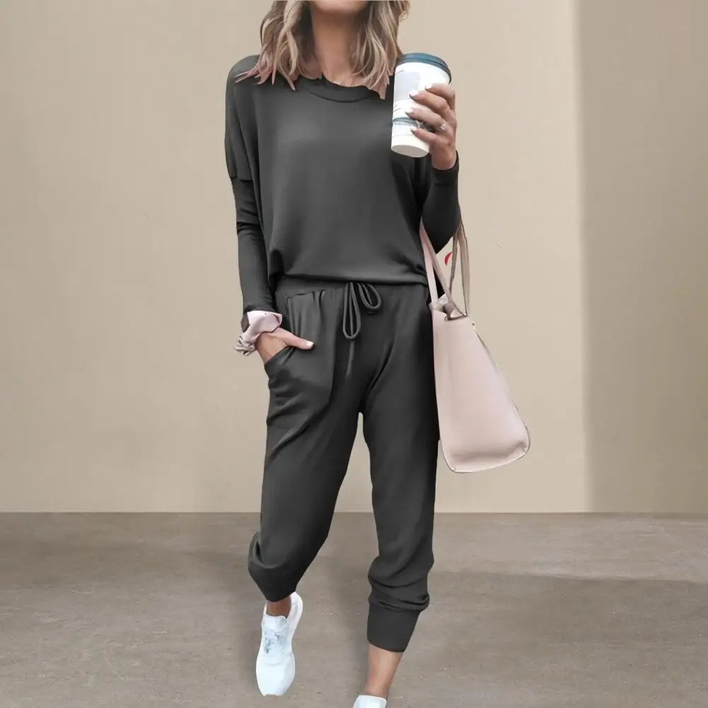 2 Pcs/Set Women Top Pants Suit Long Sleeves Sleepwear Sport Sweatshirt Drawstring Elastic Waist Trousers Fall Spring Tracksuit