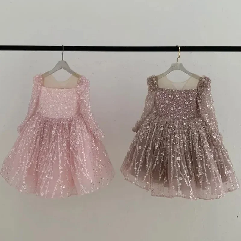 Vestido de manga larga para niña, vestido esponjoso de lentejuelas brillantes para bebé, vestido de princesa de cumpleaños, moda cómoda para niños, 2024