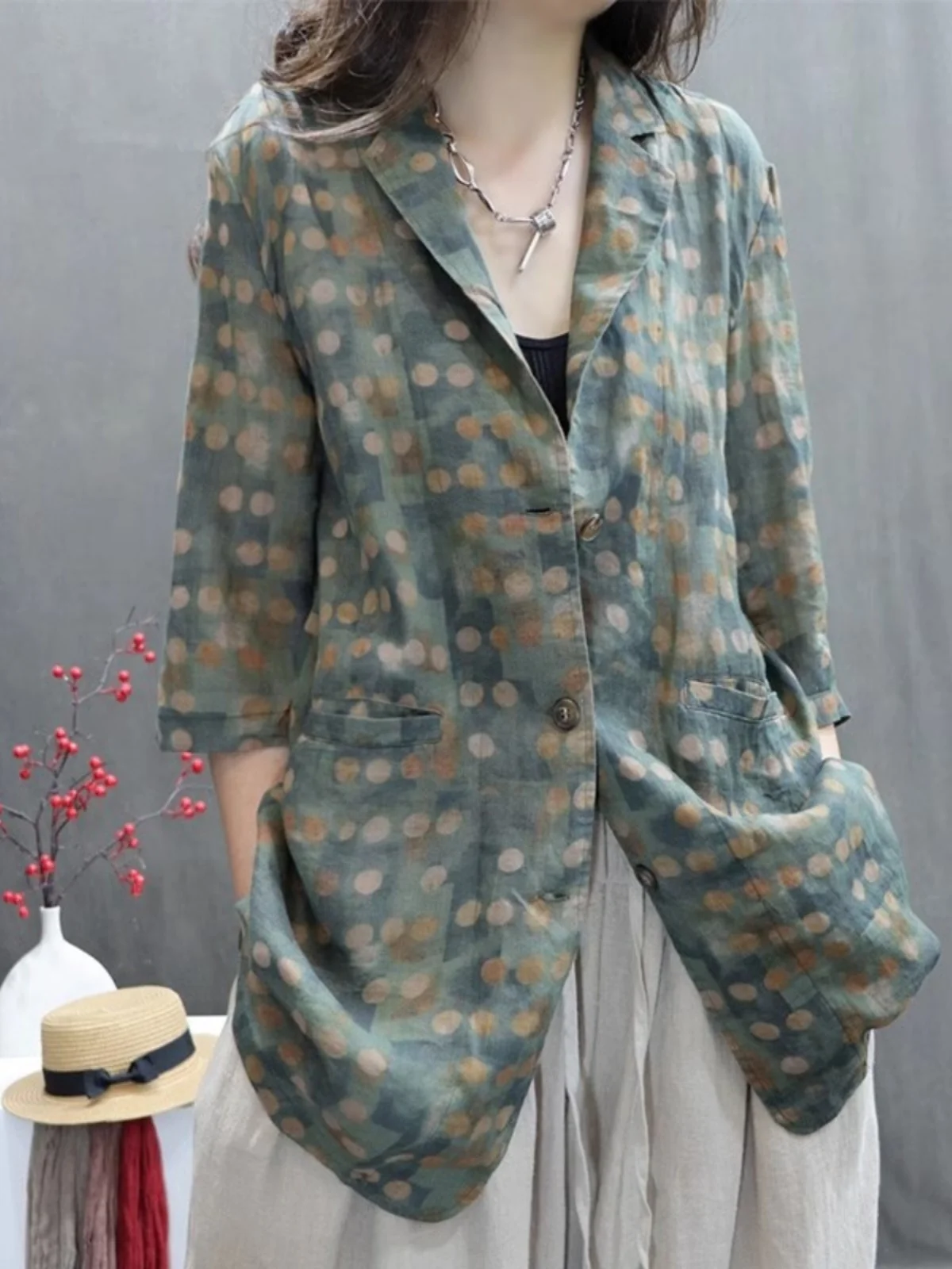 レトロプリントコットンリネンスーツジャケットレディースサマールーズカジュアルTシャツクォータースリーブリネンスモールウェスタンスタイルオープンカーディガン...