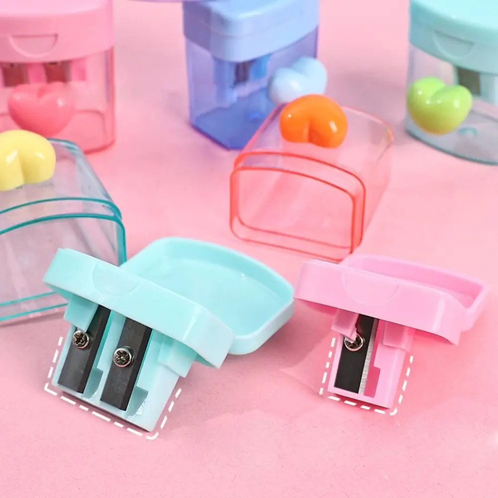 Cute 1/2 Holes Pencil Sharping Tools With Cover Sketching Pencil Sharpener Transparent Heart Pencil Cutter Student Stationery
