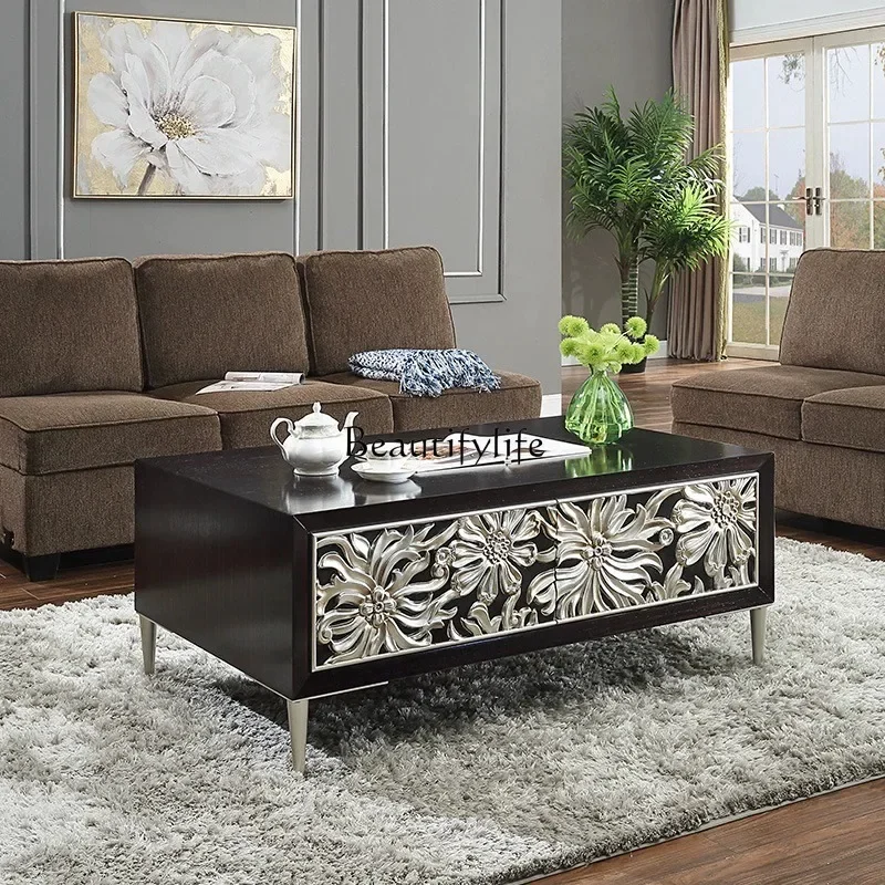 

02 American light luxury coffee table small apartment solid wood rectangular black sandalwood paint tea table