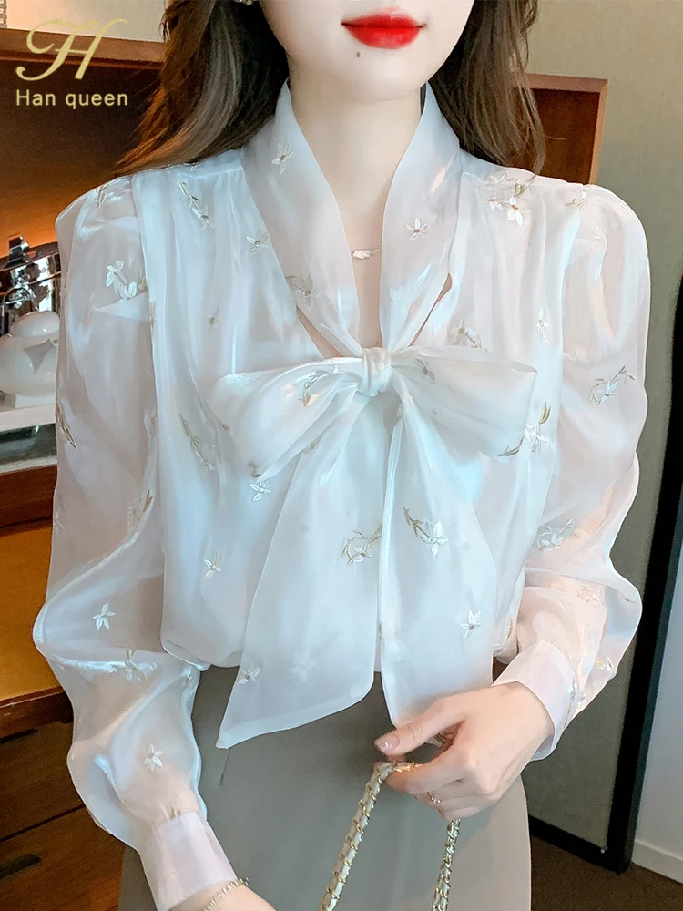 H Han Queen Autumn Puff Sleeve Office Blusas Lace-Up Bow Vintage Embroidery Tops Chiffon Blouses Women Long Sleeve Casual Shirts