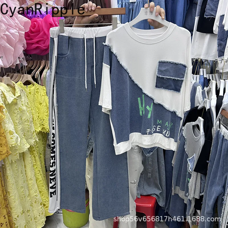 

American Street Women Sets New Spring Summer Loose Short Sleeve T-shirt Top + Colorblock Letters Elastic Waist Straight Pants