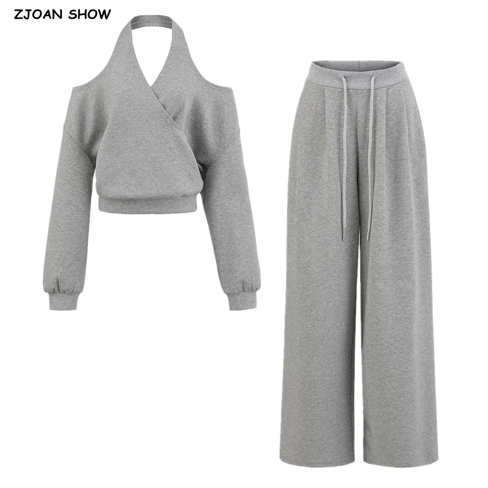 2025 아메리칸 레트로 그레이 크로스 홀터 스웨트셔츠 가을 오버사이즈 풀오버 스웨트 엘라스틱 웨이스트 와이드 레그 팬츠 여성 세트